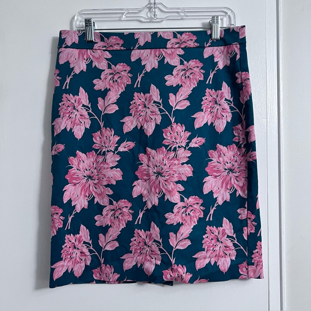 J. Crew Teal Pencil Skirt with Pink Floral Pattern